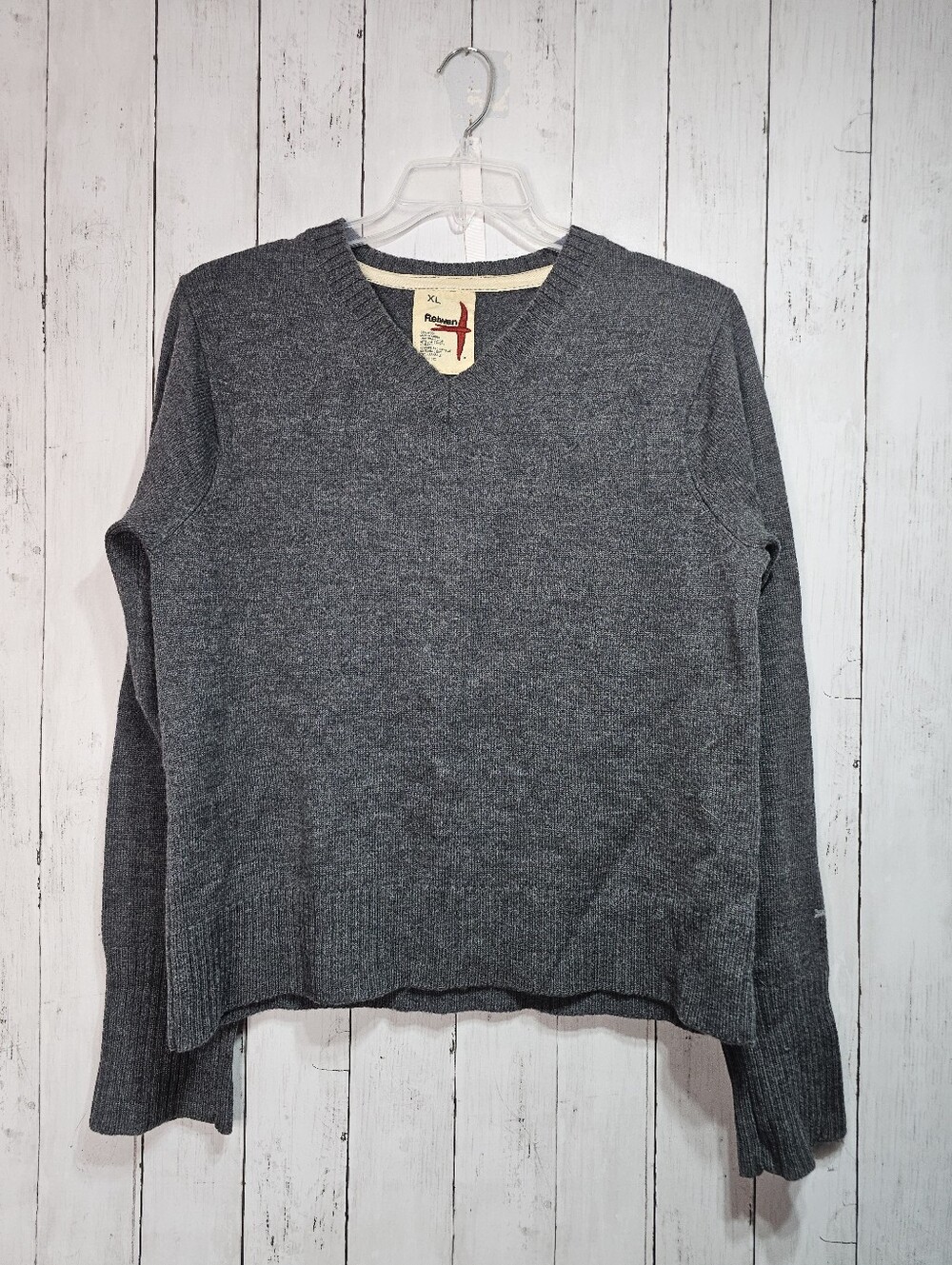 Relwen Mens Dark Gray 100% Wool V-Neck Pullover Sweater Logo Long Sleeve Size XL